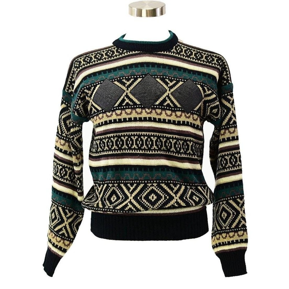 80s Vintage Leather Trim Geometric Sweater Mens M Black Green Knit Pullover